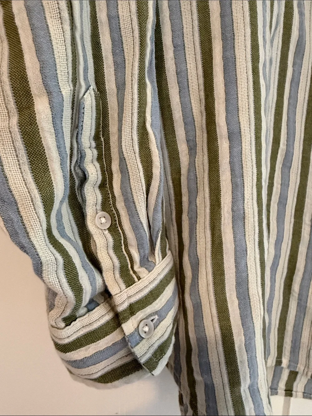 aerie Olive Green, Blue and White Striped Button-Down Shirt (NWT)
